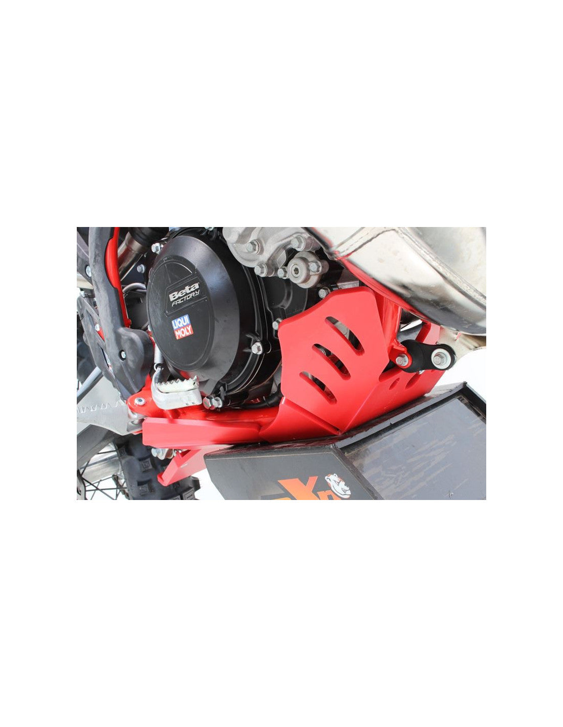 Right side of the red HDPE plastic skid plate with linkage guard for Beta 250RR - 300RR