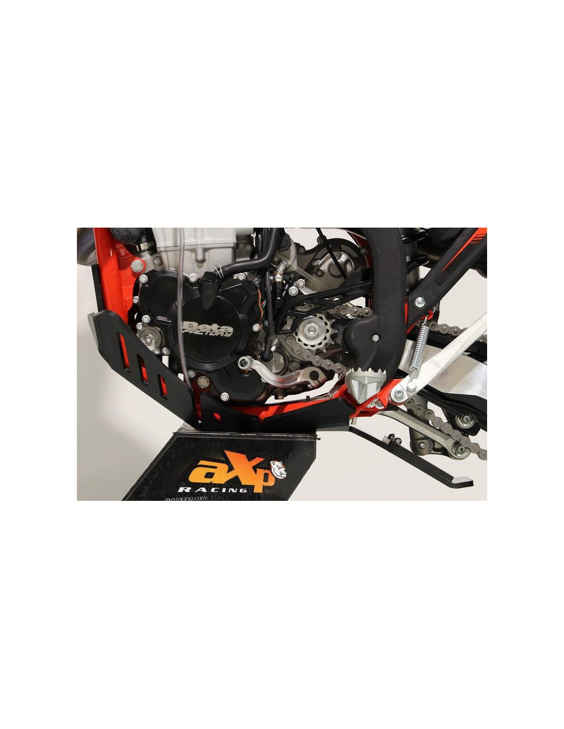 Left side of the black HDPE plastic skid plate with linkage guard for Beta enduro 4T