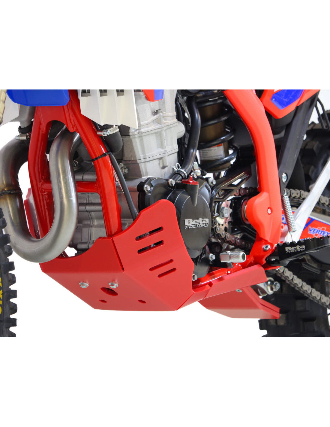 Left side of the red HDPE plastic skid plate with linkage guard for Beta 4T