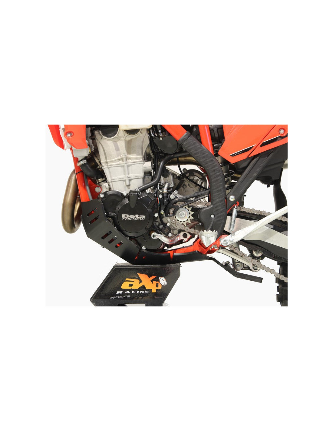 Left side of the black HDPE plastic skid plate with linkage guard for Beta 350RR - 500RR
