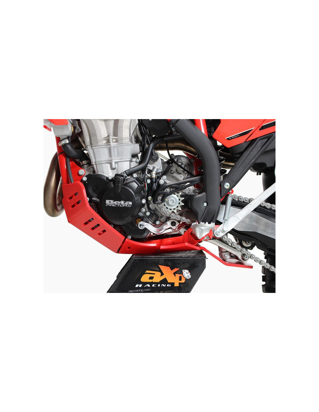 Left side of the red HDPE plastic skid plate with linkage guard for Beta 350RR - 500RR