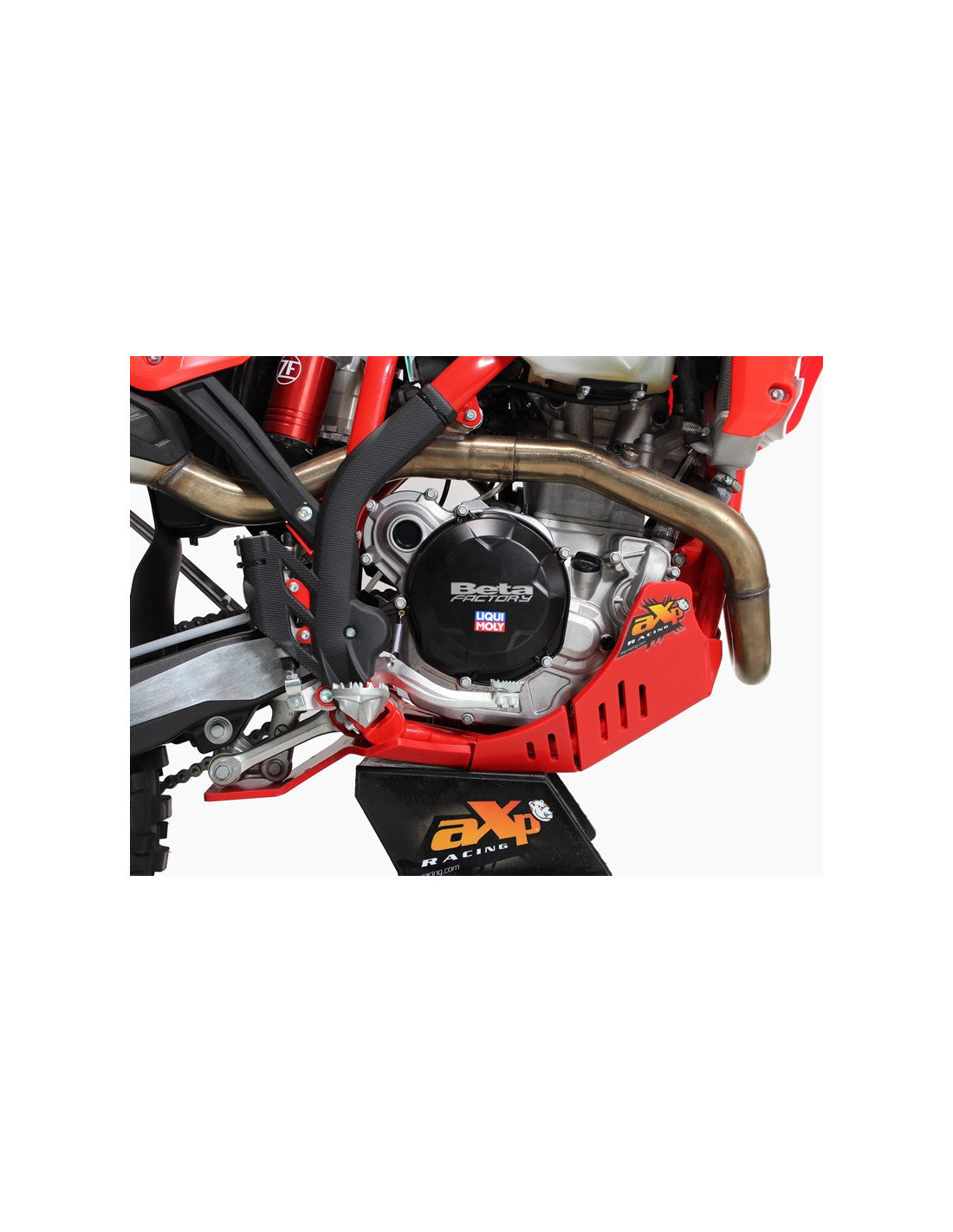 Right side of the red HDPE plastic skid plate with linkage guard for Beta 350RR - 500RR