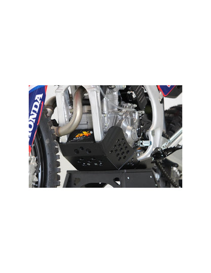 Left side of the red HDPE plastic skid plate with linkage guard for Honda CRF250 and 300