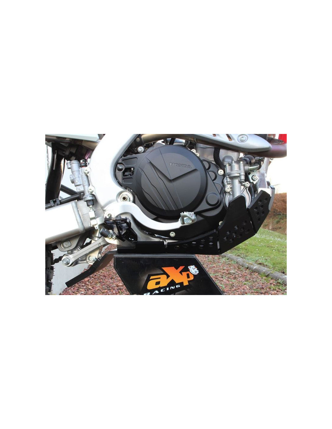 Right side of the black HDPE plastic skid plate with linkage guard for Honda CRF450L - CRF450XR