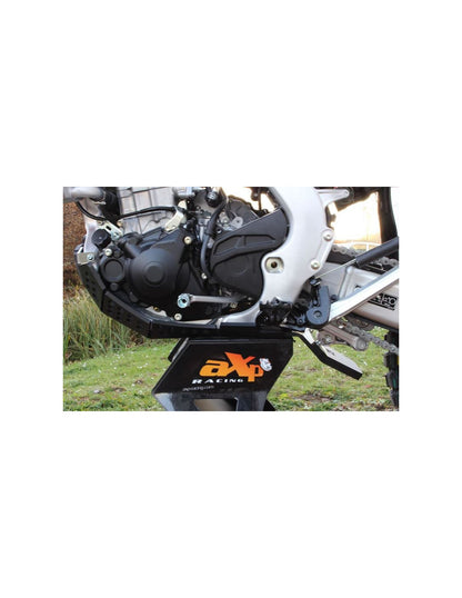 Left side of the black HDPE plastic skid plate with linkage guard for Honda CRF450L - CRF450XR