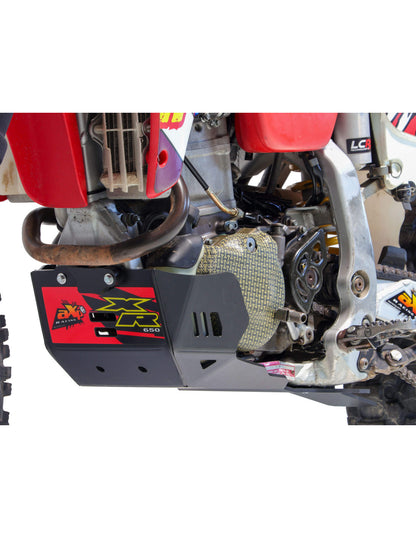 Left side of the 6mm black HDPE plastic skid plate with linkage guard for Honda XR650R