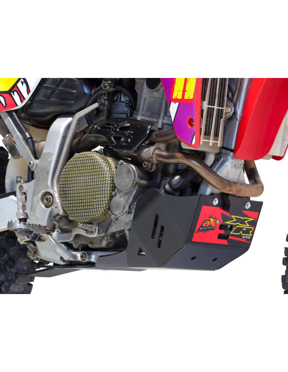 Right side of the 6mm black HDPE plastic skid plate with linkage guard for Honda XR650R