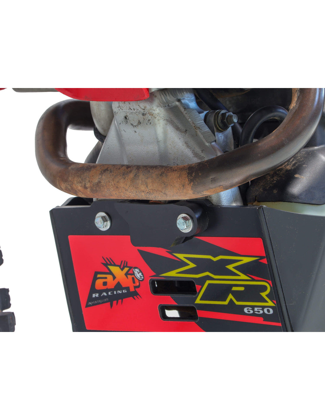Close up view of the oil draining screw of the 6mm black HDPE plastic skid plate with linkage guard for Honda XR650R