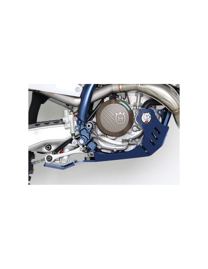 Right side of the blue HDPE plastic skid plate with linkage guard for Husqvarna FC250 - FC350