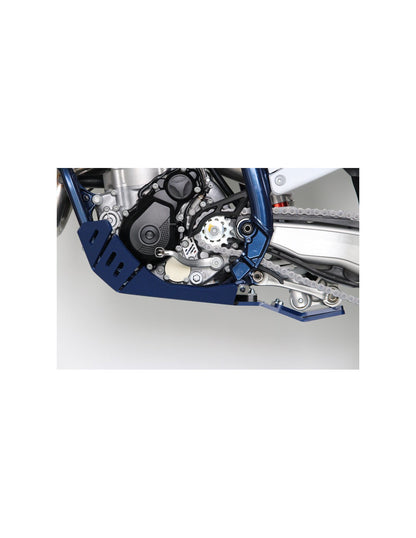 Left side of the blue HDPE plastic skid plate with linkage guard for Husqvarna FC250 - FC350