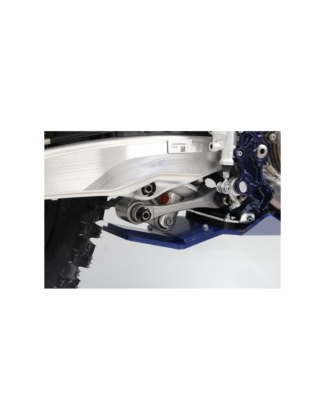 Vue rapprochée de la protection de biellette du sabot bleu en plastique PEHD pour Husqvarna FC450 - FE450