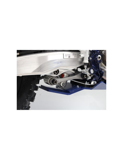 Vue rapprochée de la protection de biellette du sabot bleu en plastique PEHD pour Husqvarna FC450 - FE450