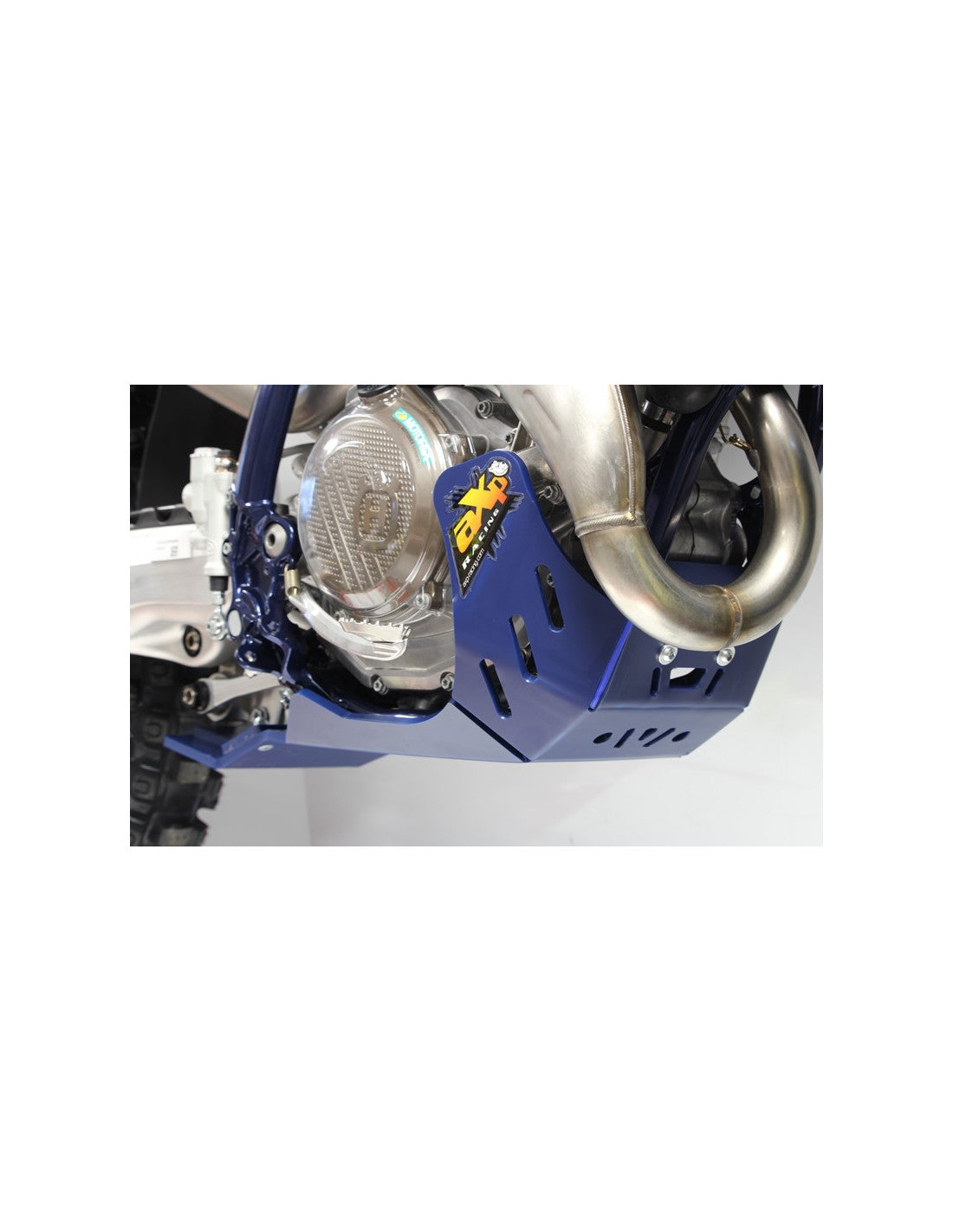 Right side of the blue HDPE plastic skid plate with linkage guard for Husqvarna FC450 - FE450