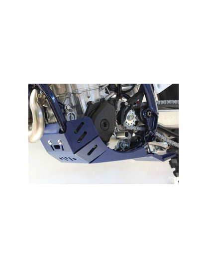 Left side of the blue HDPE plastic skid plate with linkage guard for Husqvarna FC450 - FE450