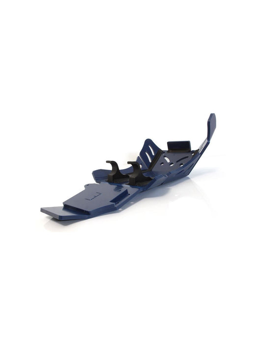 Vue arrière du sabot bleu en plastique PEHD avec protection de biellette pour Husqvarna FE250 - FE350