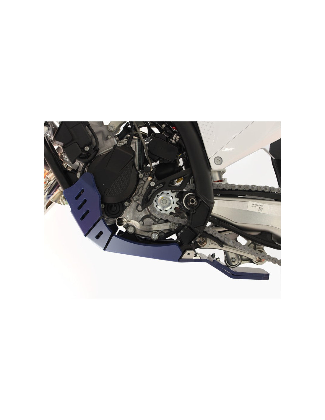 Left side of the blue HDPE plastic skid plate with linkage guard for Husqvarna TC125 - TE150