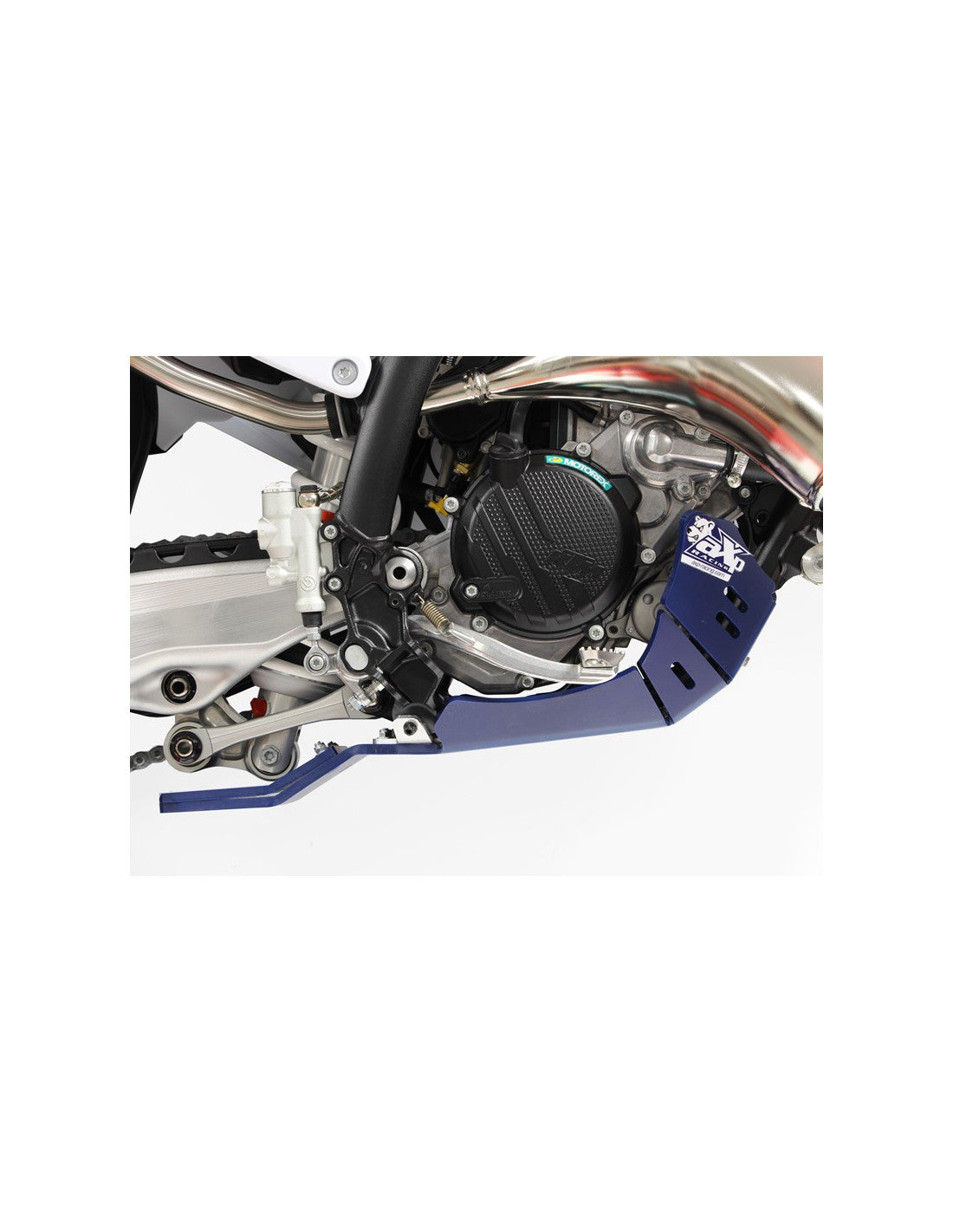 Right side of the blue HDPE plastic skid plate with linkage guard for Husqvarna TC125 - TE150