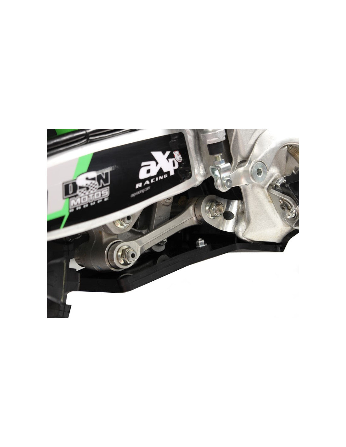 Vue rapprochée de la protection de biellette du sabot en PEHD pour Kawasaki KX250