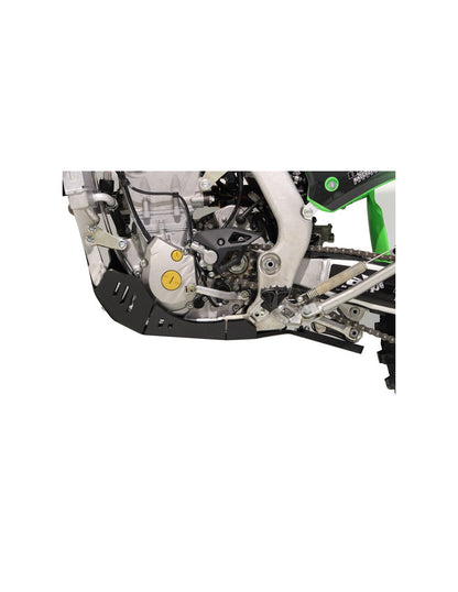 Left side of the black HDPE plastic skid plate with linkage guard for Kawasaki KX250