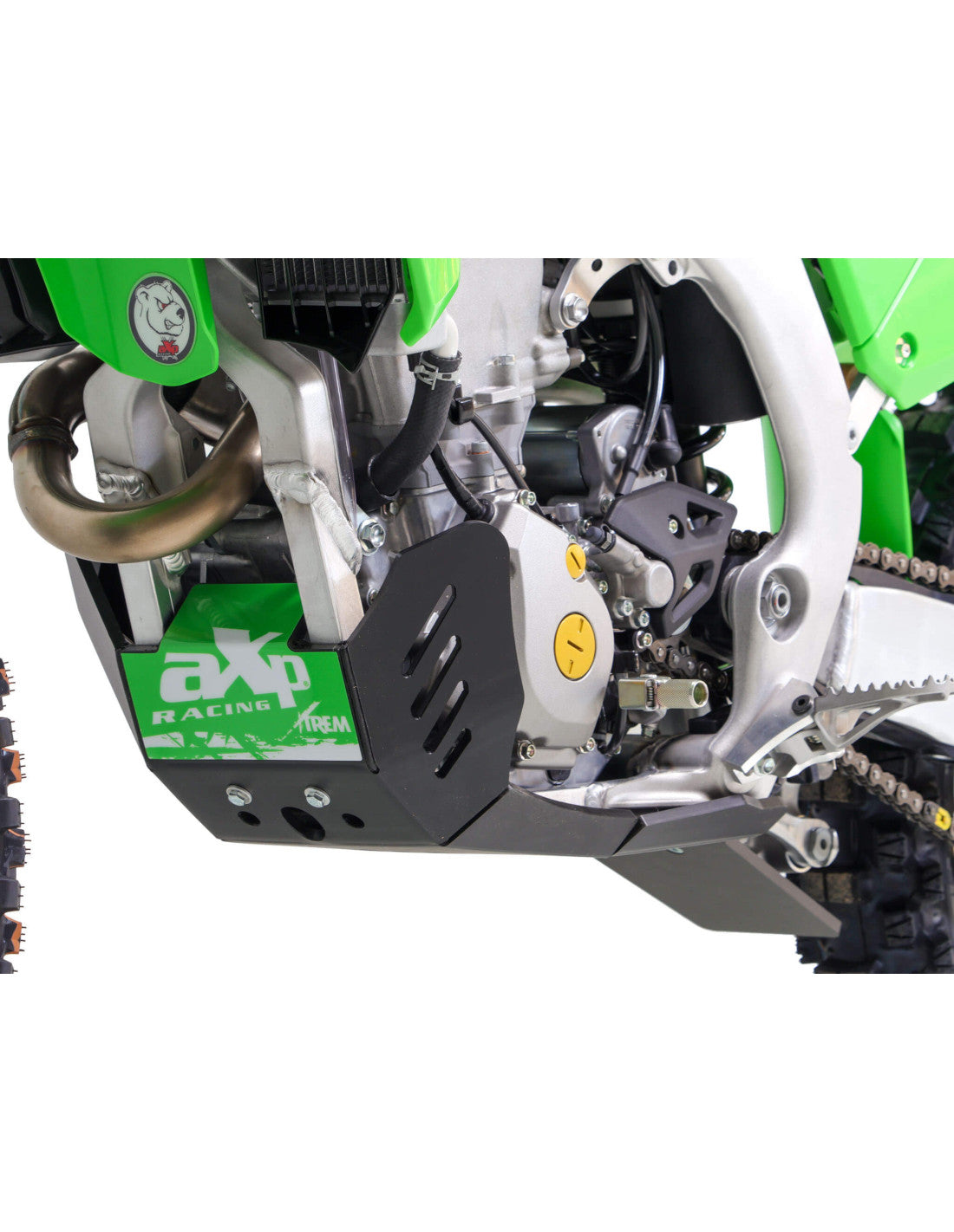 Left side of the black HDPE plastic skid plate with linkage guard for Kawasaki KX250 / KX250X