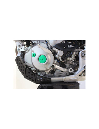 Left side of the black HDPE plastic skid plate for Kawasaki KX450