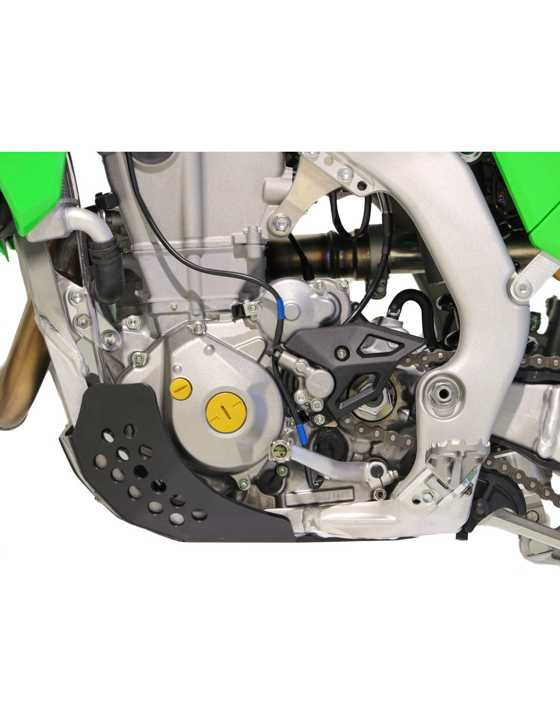 Left side of the 6mm black HDPE plastic skid plate for Kawasaki KX450