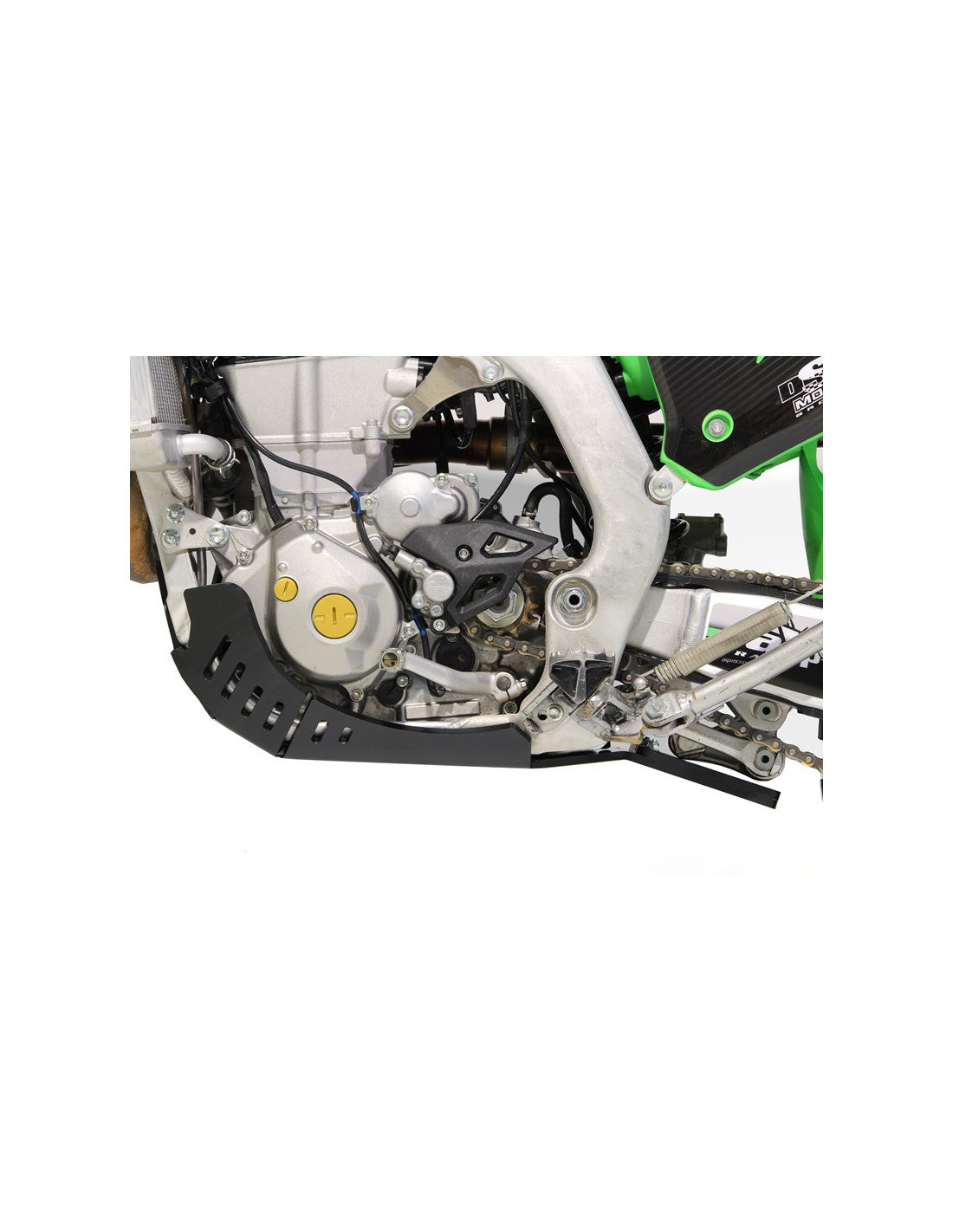Left side of the black HDPE plastic skid plate with linkage guard for Kawasaki KX450