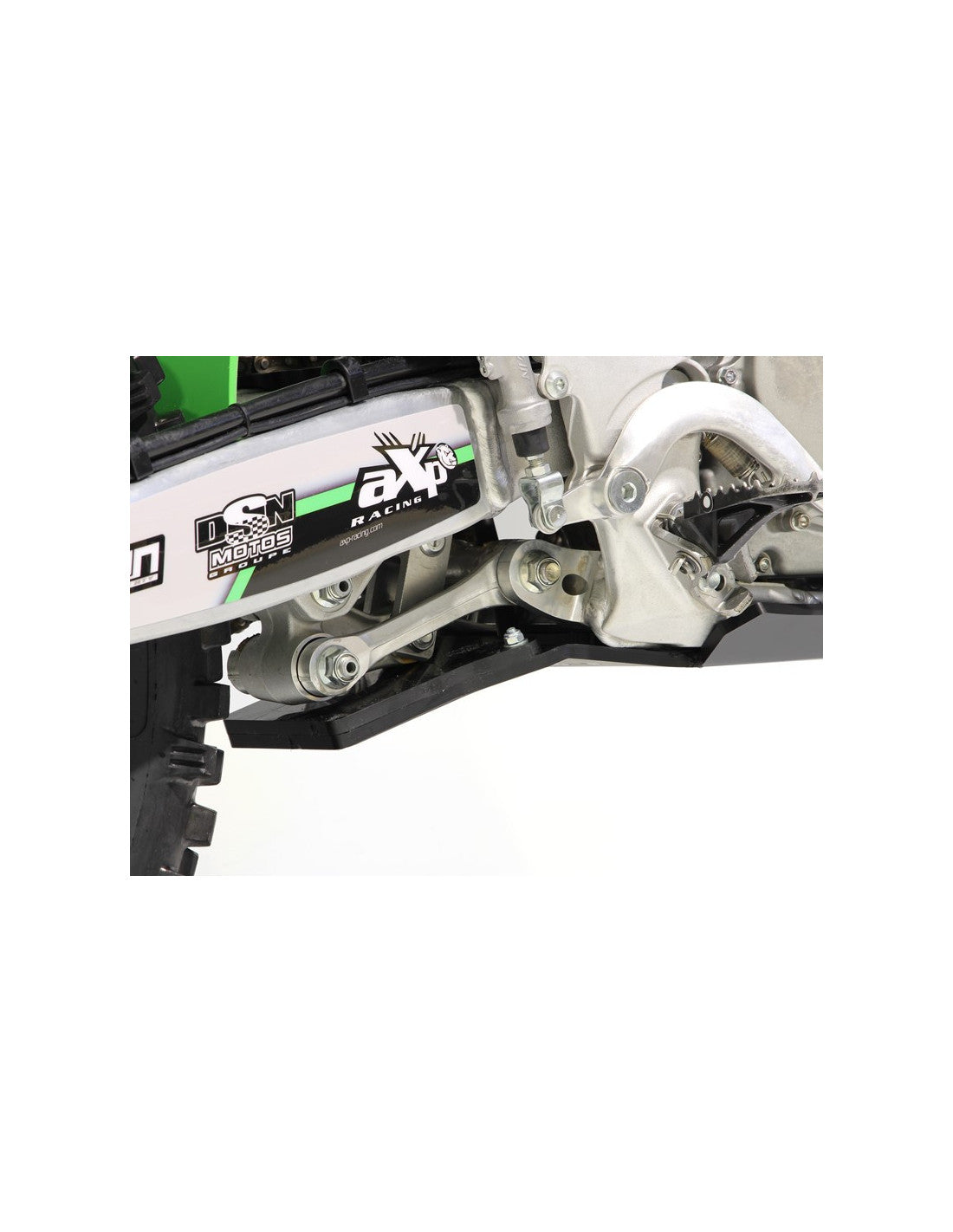 Vue rapprochée de la protection de biellette du sabot en PEHD pour Kawasaki KX450