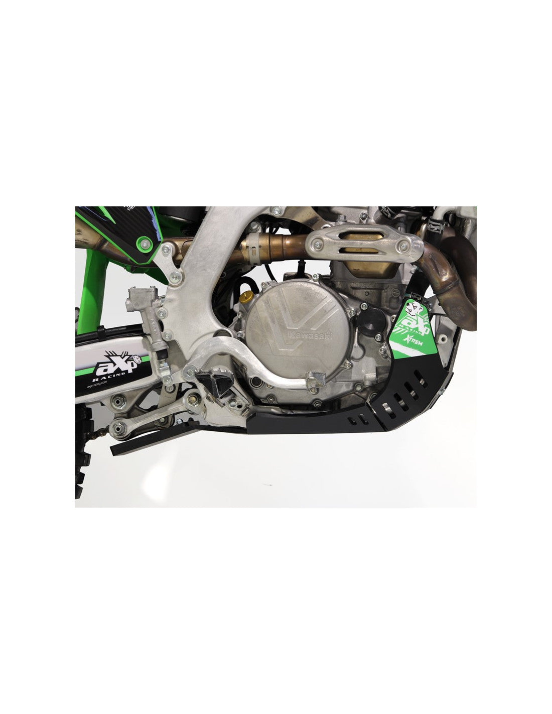 Right side of the black HDPE plastic skid plate with linkage guard for Kawasaki KX450