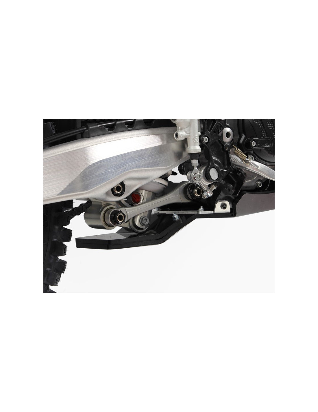 Vue rapprochée de la protection de biellette du sabot noir en plastique PEHD pour KTM et Husqvarna