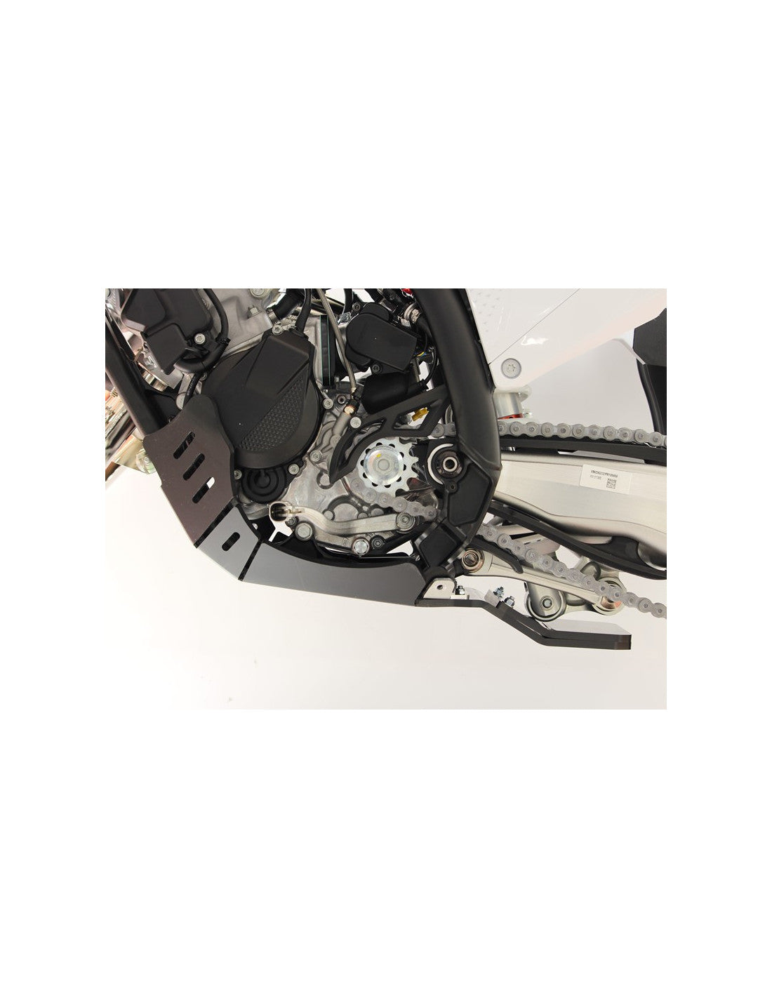 Left side of the black HDPE plastic skid plate with linkage guard for KTM and Husqvarna
