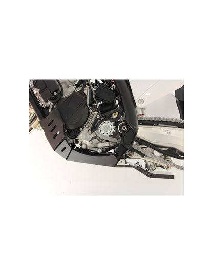 Left side of the black HDPE plastic skid plate with linkage guard for KTM and Husqvarna