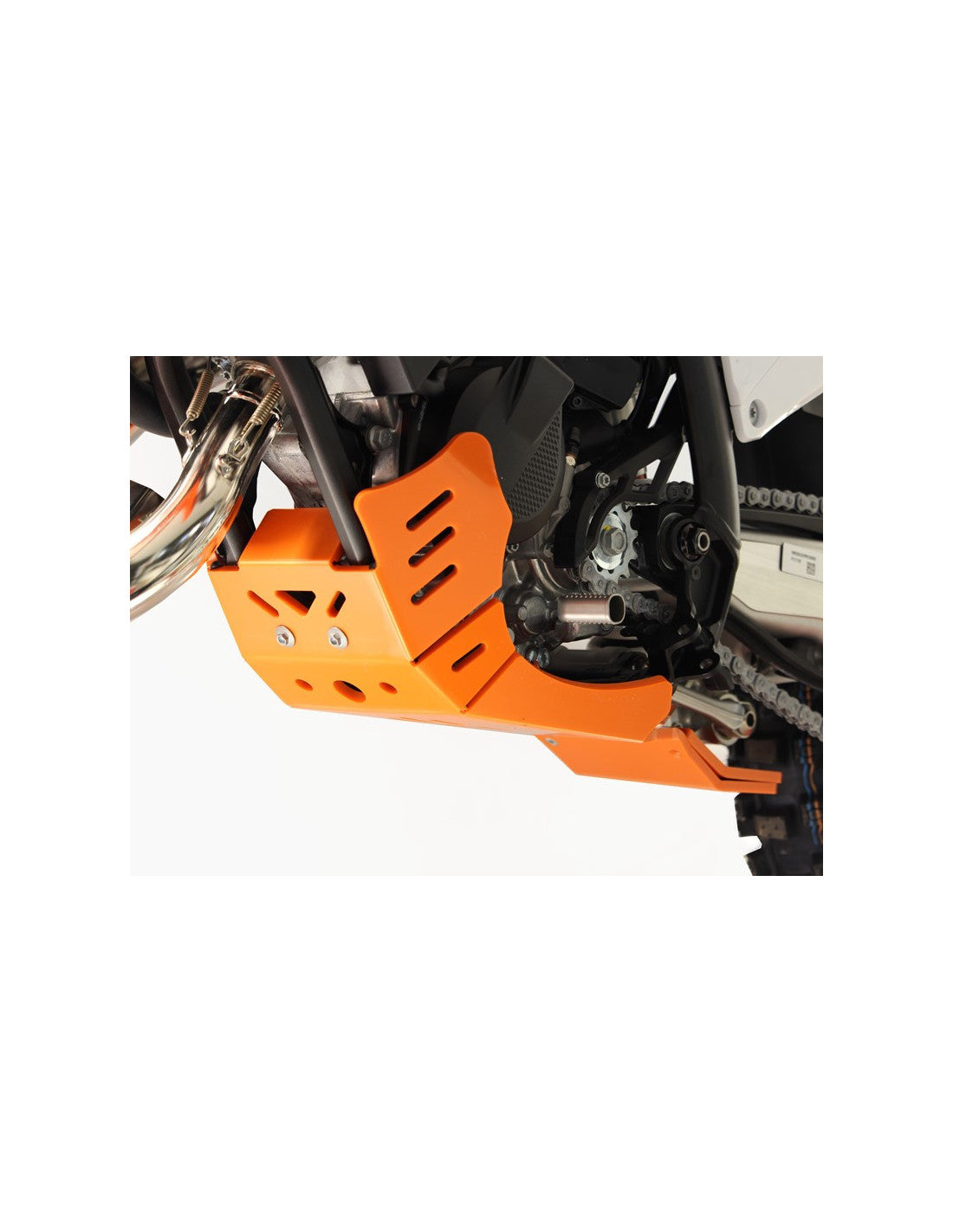 Left side of the orange HDPE plastic skid plate with linkage guard for KTM 125SX et 125XC