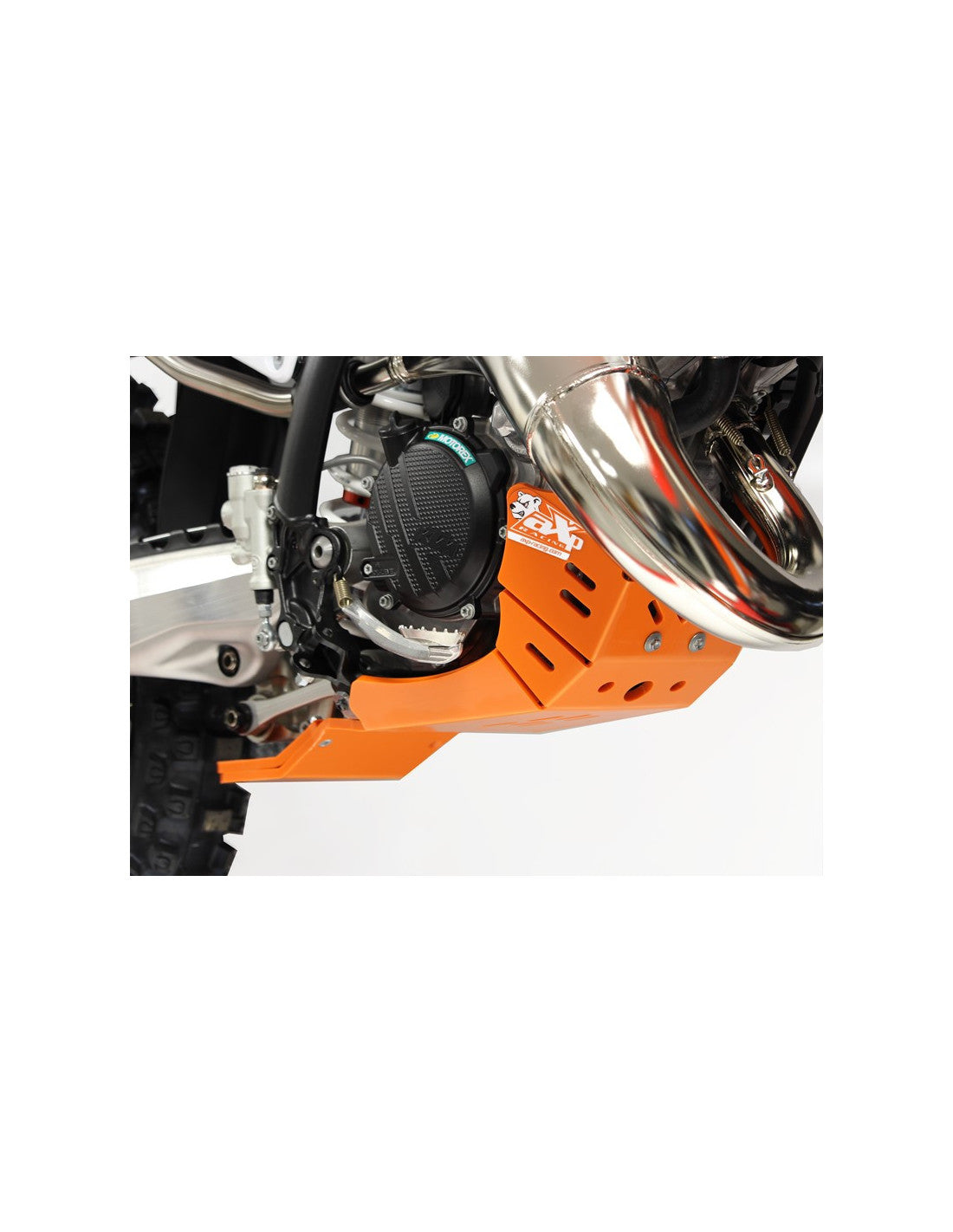 Right side of the orange HDPE plastic skid plate with linkage guard for KTM 125SX et 125XC