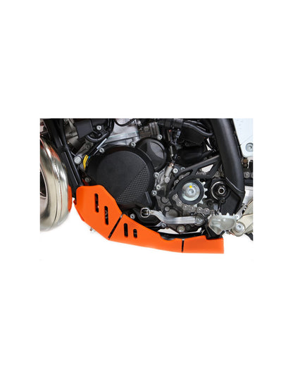 Left side of the orange HDPE plastic skid plate for KTM 250EXC and 300EXC