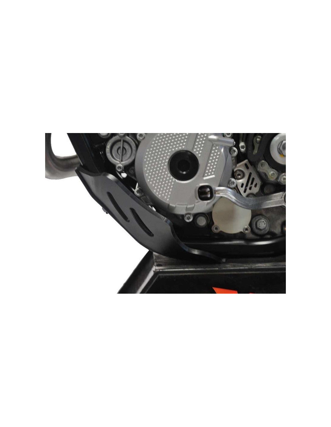Left side of the black HDPE plastic skid plate for KTM 250EXCF - 350EXCF