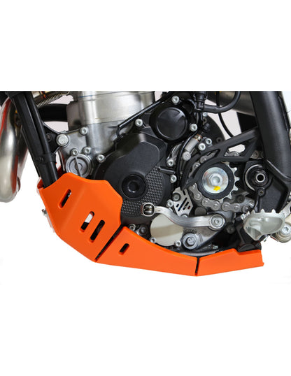 Left side of the orange HDPE plastic skid plate for KTM 250EXCF and 350EXCF