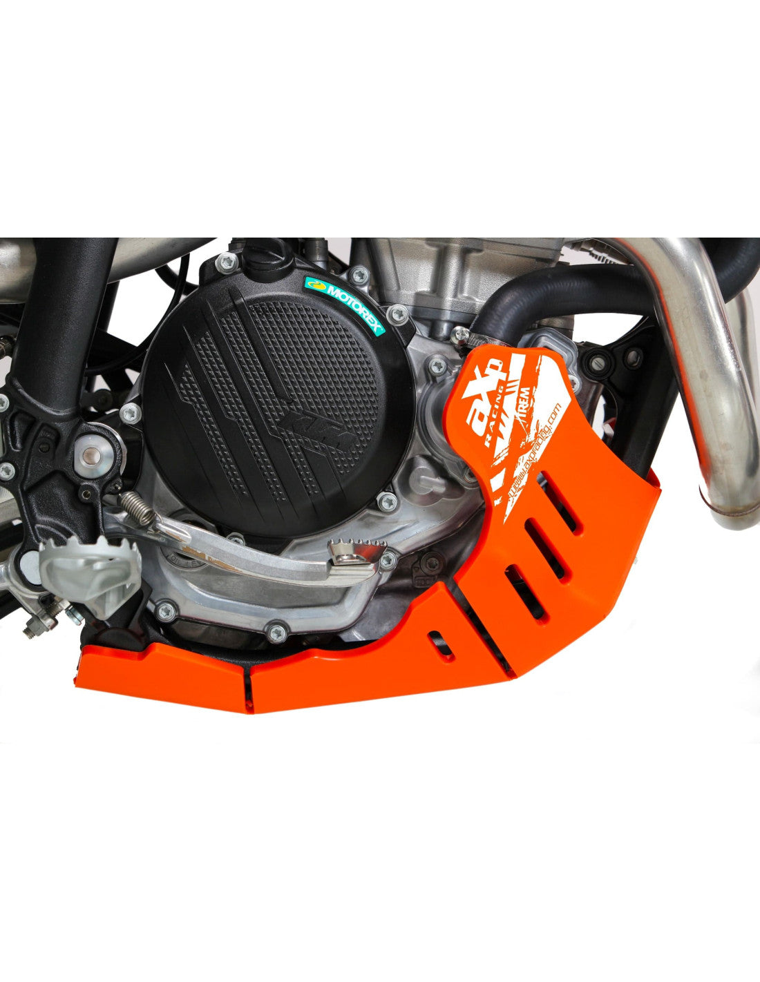 Right side of the orange HDPE plastic skid plate for KTM 250EXCF and 350EXCF