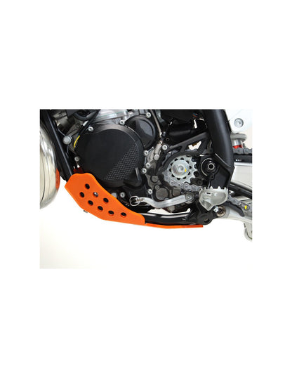 Left side of the orange HDPE plastic skid plate for KTM and Husqvarna 250 - 300