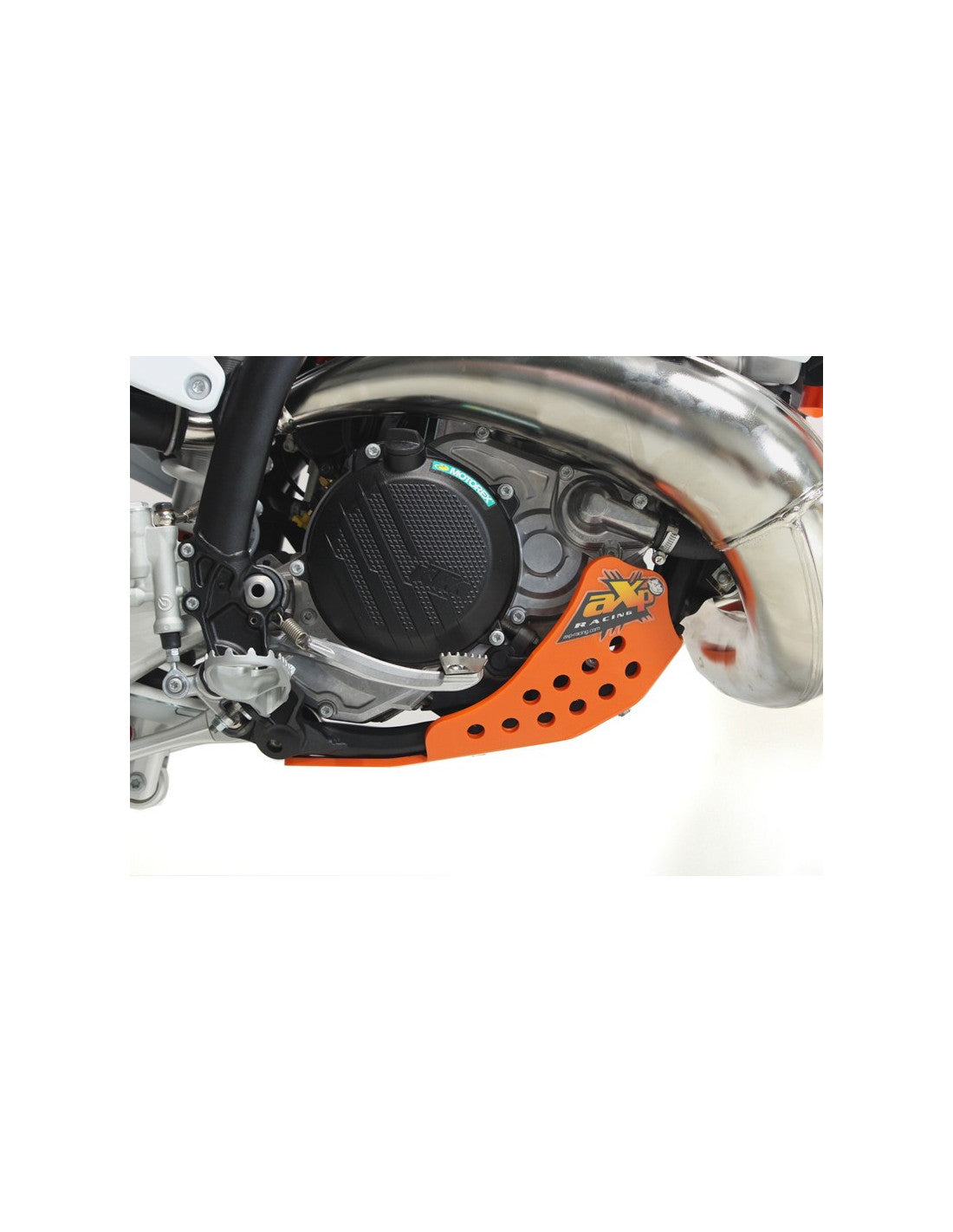Right side of the orange HDPE plastic skid plate for KTM and Husqvarna 250 - 300
