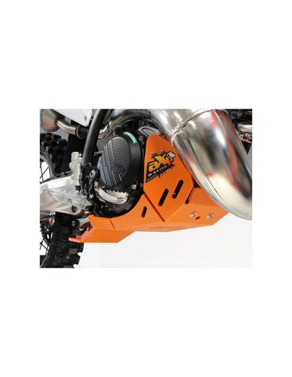 Right side of the orange HDPE plastic skid plate with linkage guard for KTM 250SX - 300XC