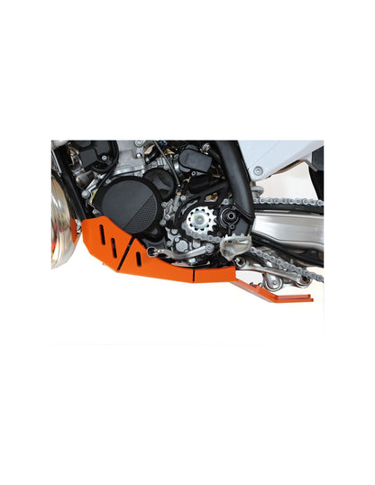 Left side of the orange HDPE plastic skid plate with linkage guard for KTM 250SX - 300XC