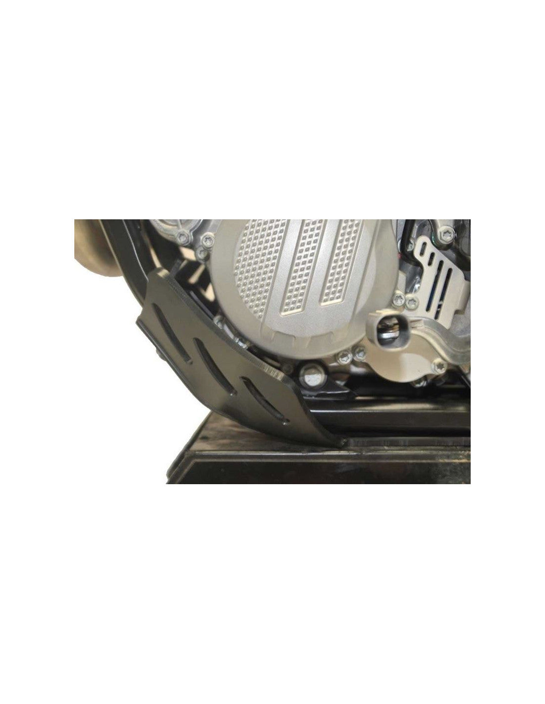 Left side of the black 6mm HDPE plastic skid plate for KTM 450EXCF - 500EXCF