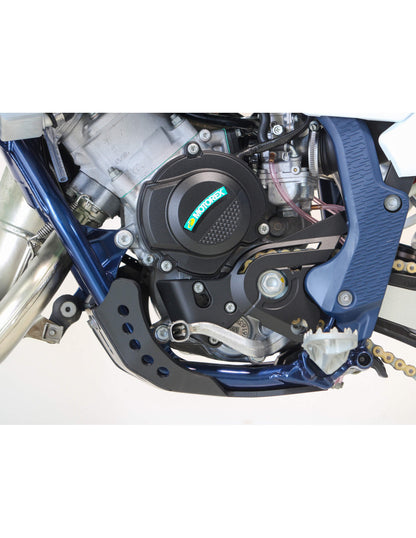 Left side of the 6mm black HDPE plastic skid plate for KTM 65SX / Husqvarna TC65 / GasGas MC65