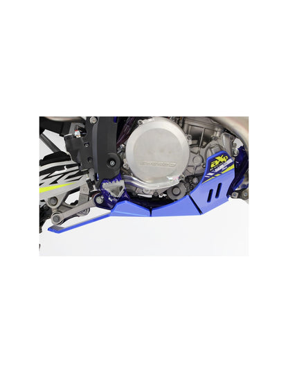 Right side of the blue HDPE plastic skid plate with linkage guard for Sherco 250 - 300 2T