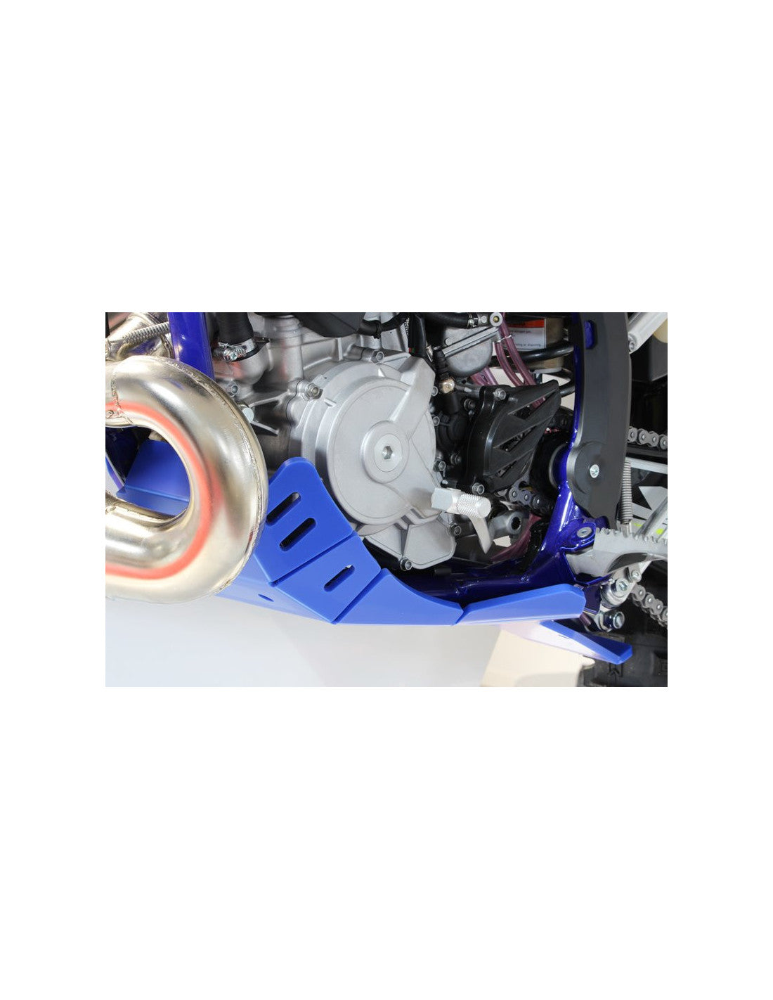 Left side of the blue HDPE plastic skid plate with linkage guard for Sherco 250 - 300 2T