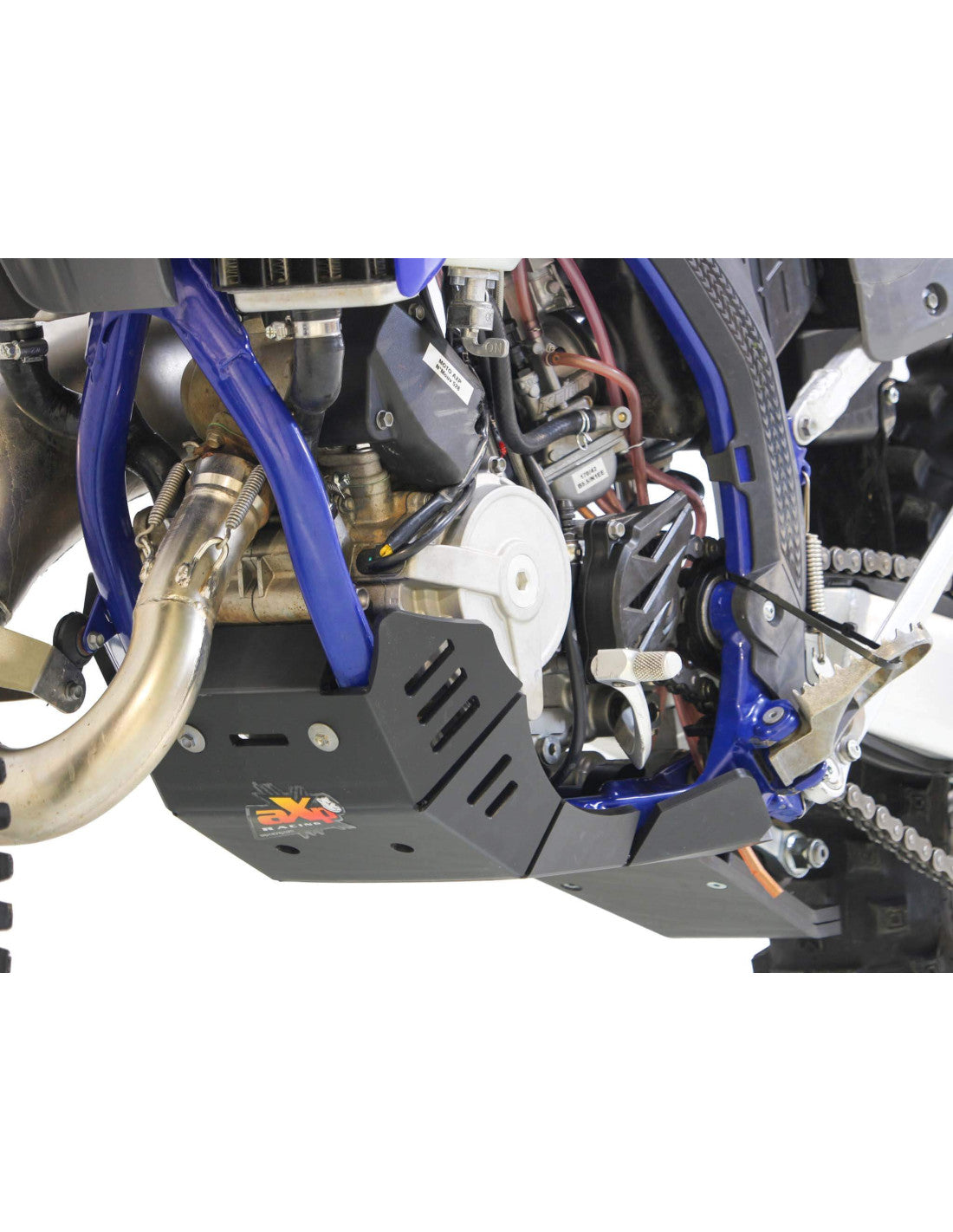 Left side of the black HDPE plastic skid plate with linkage guard for Sherco 125SE Factory