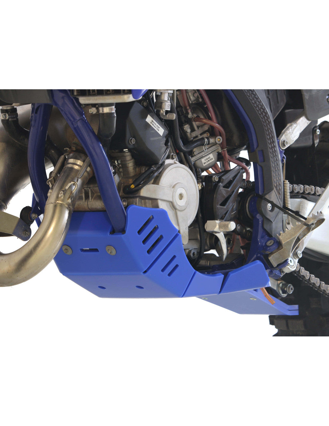 Left side of the blue HDPE plastic skid plate with linkage guard for Sherco 125SE Factory