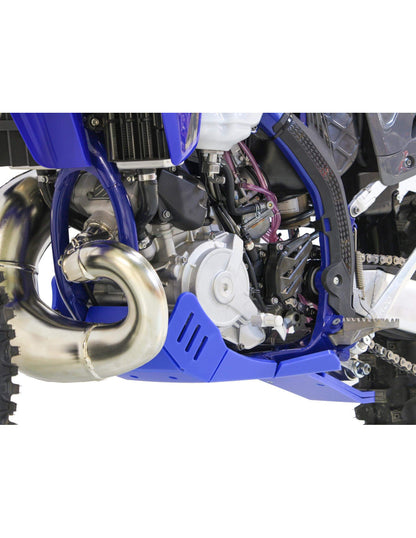 Left side of the blue HDPE plastic skid plate with linkage guard for Sherco SE250 - SE300 Factory
