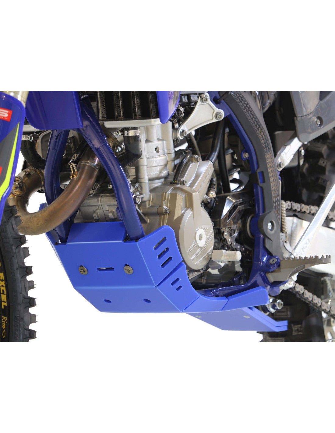 Left side of the blue HDPE plastic skid plate with linkage guard for Sherco SEF250 - SEF300 Factory
